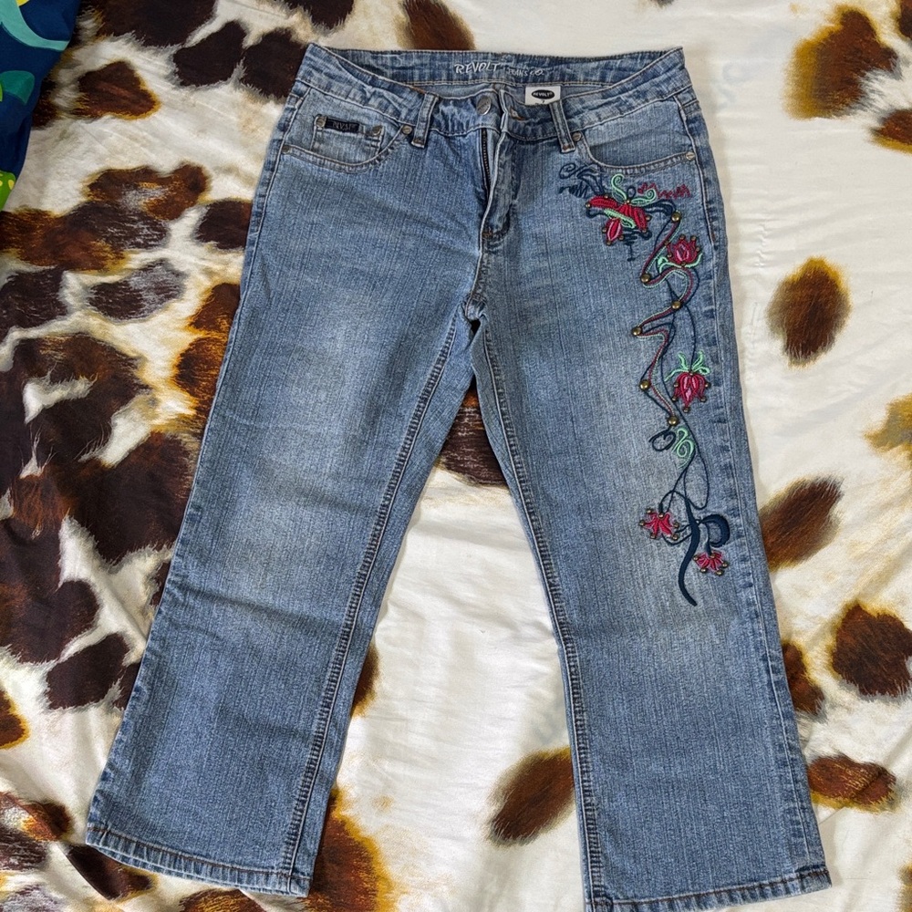 Revolt Light Blue Capri Jeans with Floral Embroidery